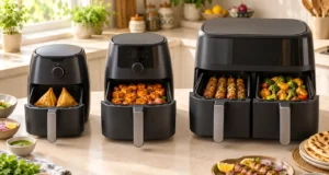 Small, medium and large air fryers with samosas, paneer tikka and kebabs in an Indian kitchen