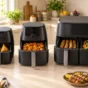Small, medium and large air fryers with samosas, paneer tikka and kebabs in an Indian kitchen