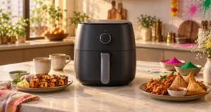 Centered compact air fryer with paneer tikka, samosas, chai and subtle Holi colours in an Indian kitchen