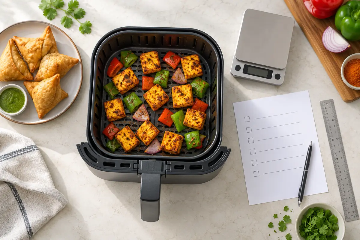 Air fryer basket comparison setup for measuring single-layer paneer and samosa capacity