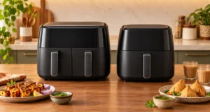 Dual-basket and single-basket air fryers on an Indian kitchen counter with paneer tikka, samosas, chutney and chai